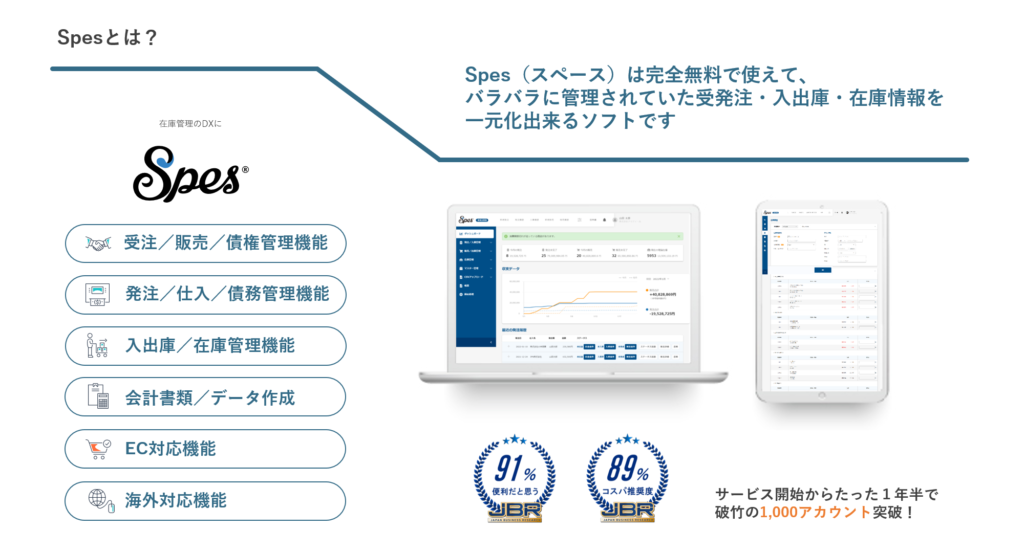Spesは完全無料で使える、受発注・入出庫・在庫管理を一元化出来るソフトです